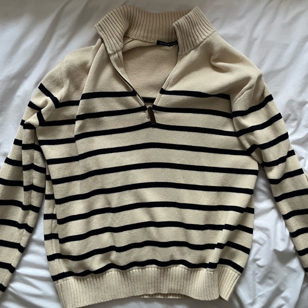 brandy melville cream and navy striped oversized quarter zip